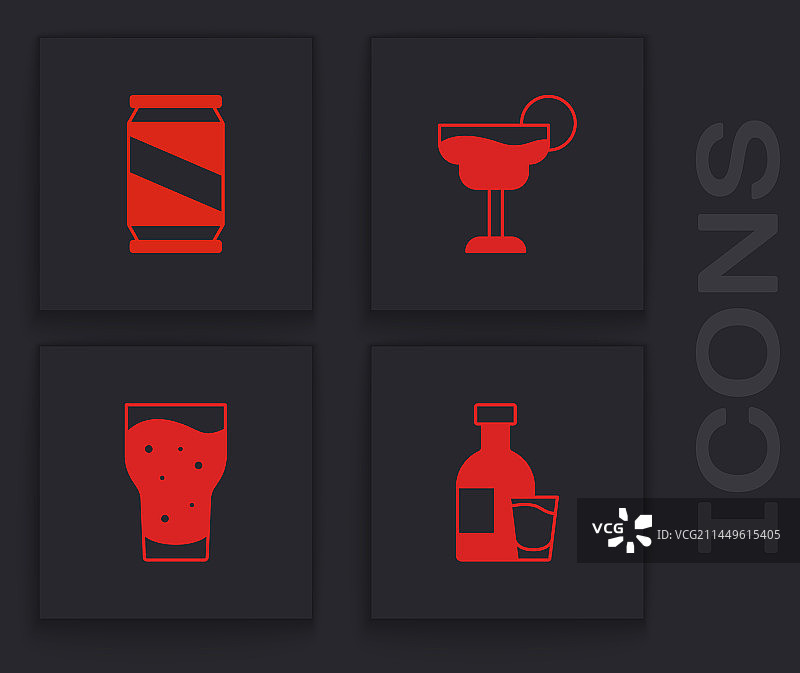 伏特加酒瓶、啤酒罐和鸡尾酒组合图片素材