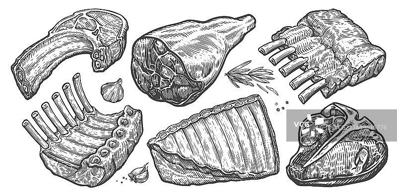 生肉切块牛排排骨火腿套装图片素材