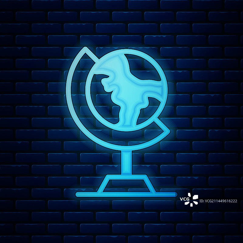 砖墙背景上的发光霓虹灯地球仪图标图片素材