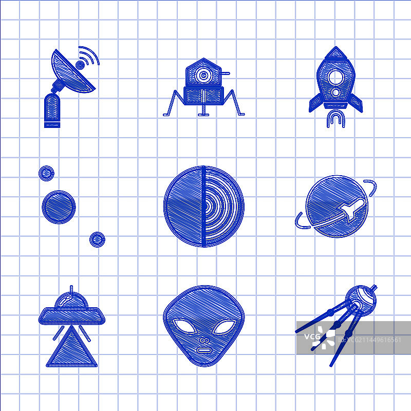 地球结构、外星卫星、行星与不明飞行物套装图片素材