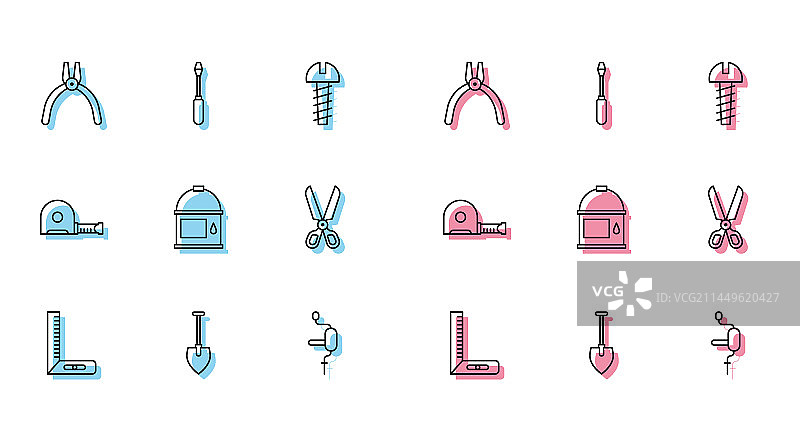 角尺铁锹钳子手动工具线条图标图片素材