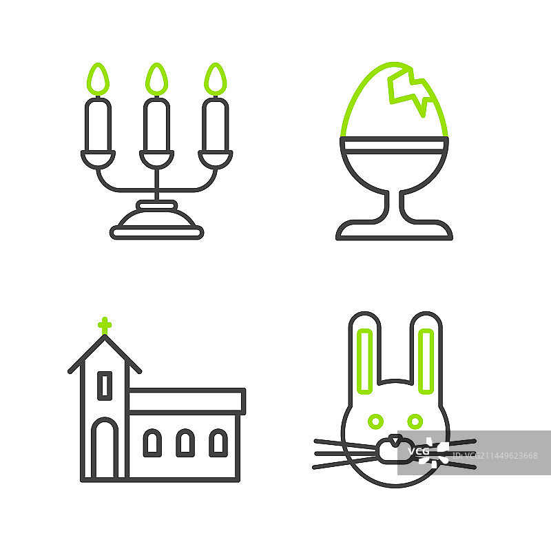 复活节兔子、教堂建筑和小鸡线条设计图片素材