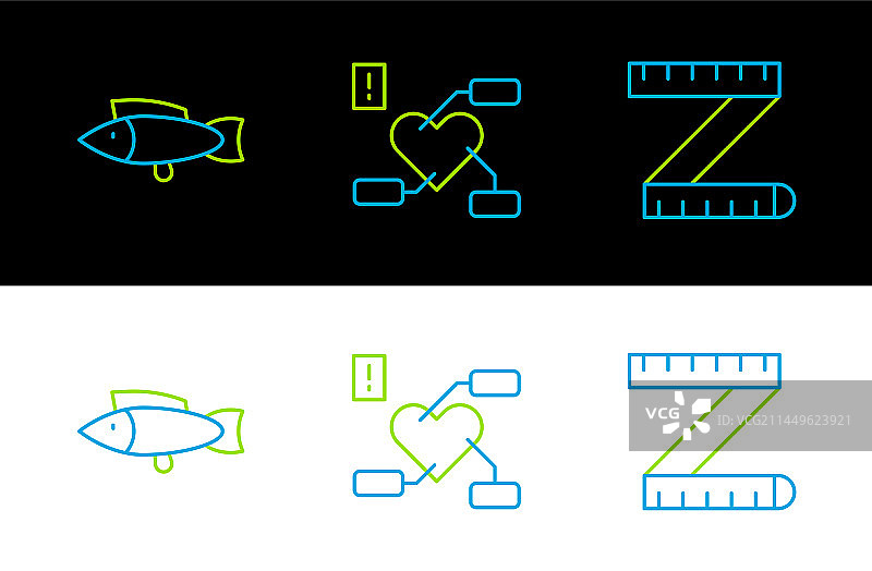 卷尺、鱼和提示线条元素图片素材