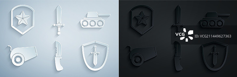 军事刀具、坦克、火炮和中世纪盾牌套装图片素材