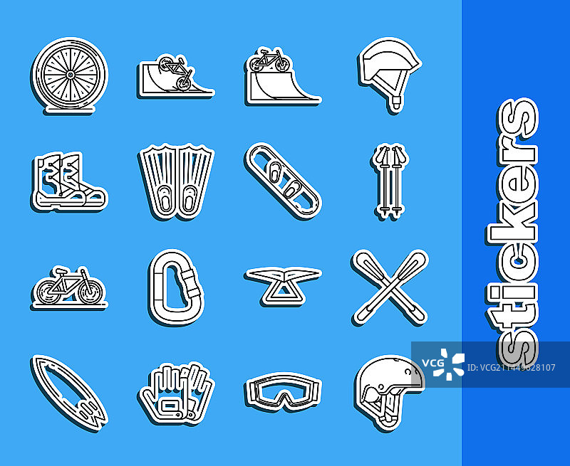 头盔、交叉桨与滑雪杖线条集合图片素材