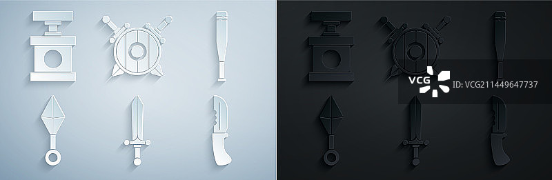 中世纪剑、棒球棍、日本忍者套装图片素材