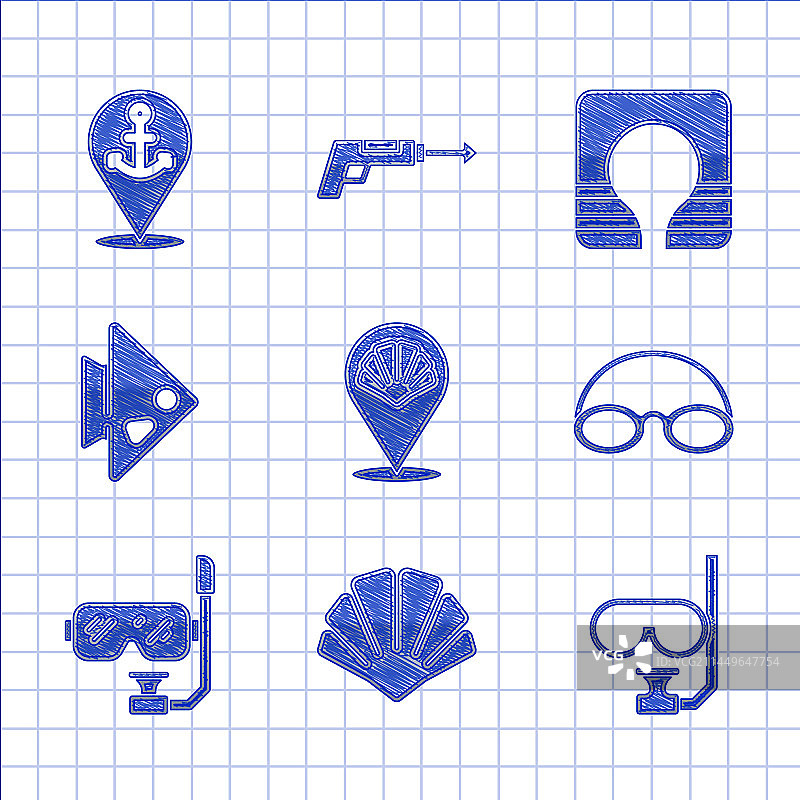 扇贝、海螺、潜水面罩和呼吸管图片素材