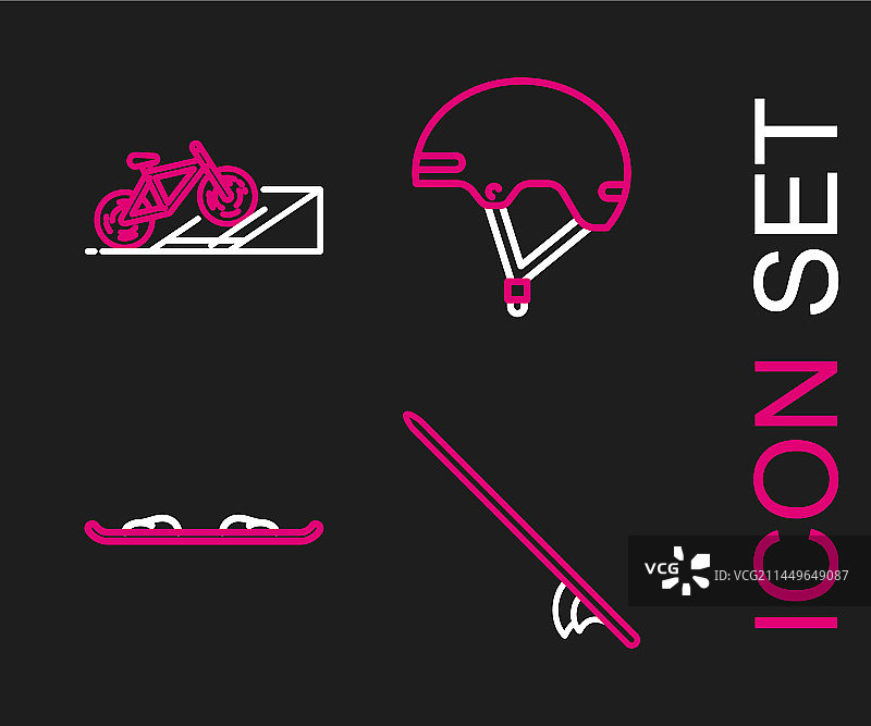 冲浪板滑雪板头盔和自行车线条图片素材