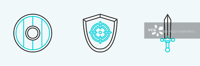 中世纪剑、圆形木盾线条设计图片素材