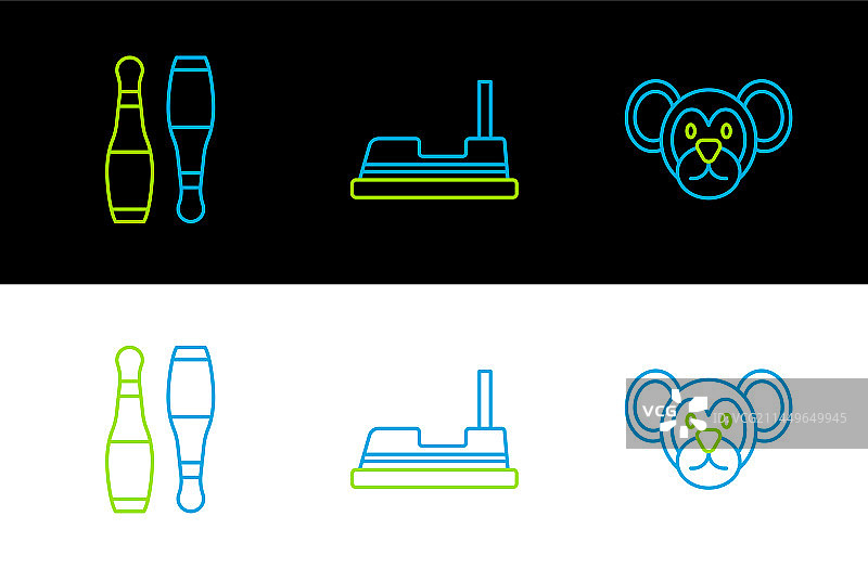 猴子、保龄球瓶和碰碰车线条图标图片素材