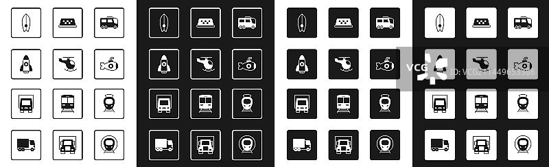 公交车、直升机、火箭和冲浪板图片素材
