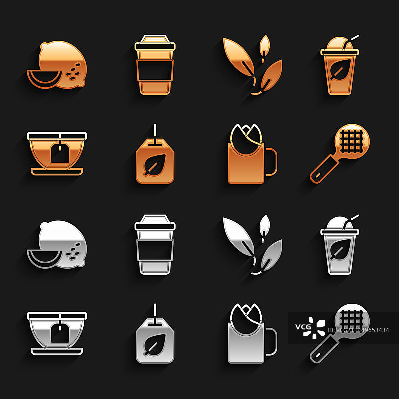 带茶叶的茶包茶杯滤茶器手柄组合图片素材