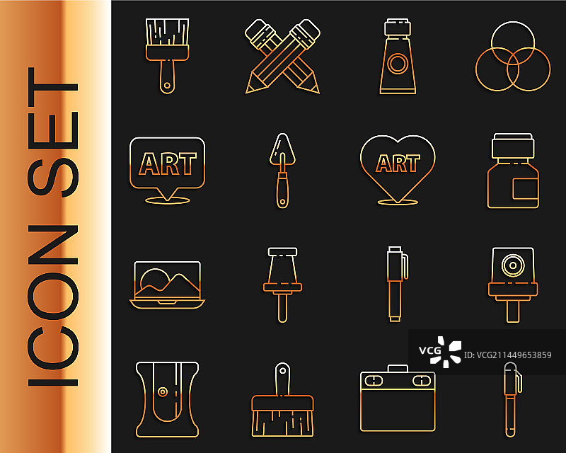 钢笔、喷罐喷嘴盖和水粉颜料线条图标图片素材