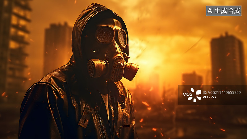 【AI数字艺术】站在被摧毁的城市街上戴着防毒面具的战士图片素材