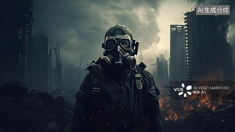【AI数字艺术】站在被摧毁的城市街上戴着防毒面具的战士图片素材