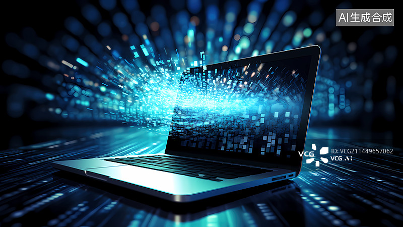 【AI数字艺术】笔记本电脑屏幕前投射虚拟数字世界图片素材