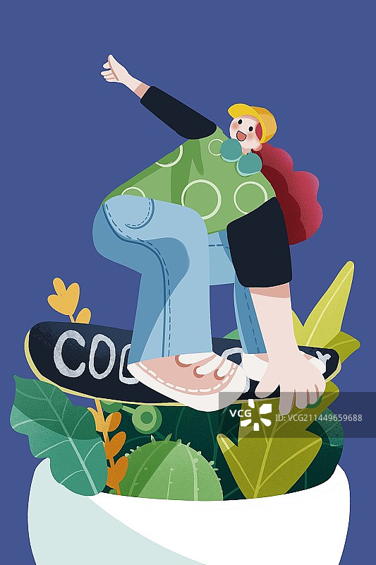 很酷的女孩滑板扁平插画图片素材