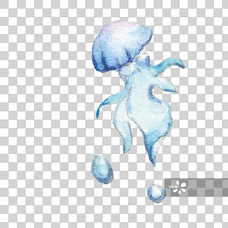 水彩手绘一只蓝色半透明海洋世界伞状生物水母图片素材