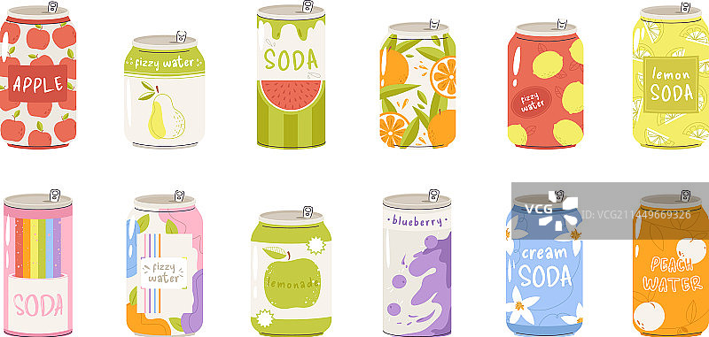 罐装饮品：不同苏打饮料罐装果汁图片素材