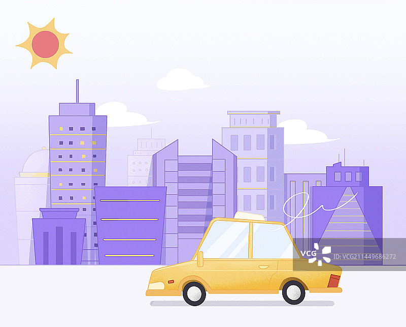 城市中街道边的高楼大厦建筑黄色出租车在行驶图片素材