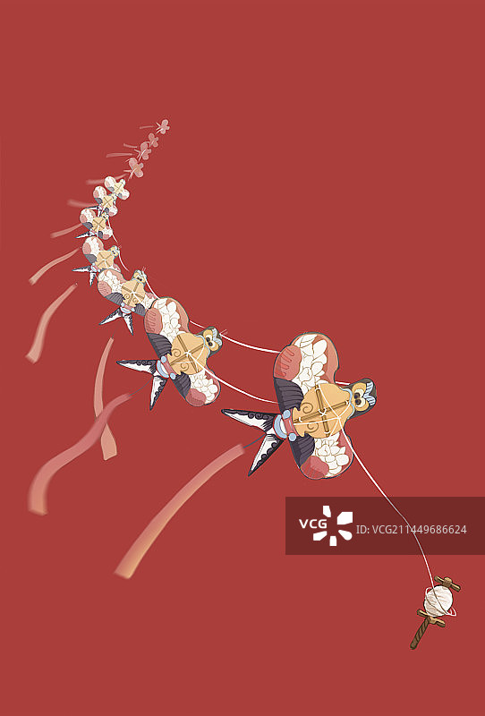 中国风燕子风筝长串在天上飞插画素材图片素材