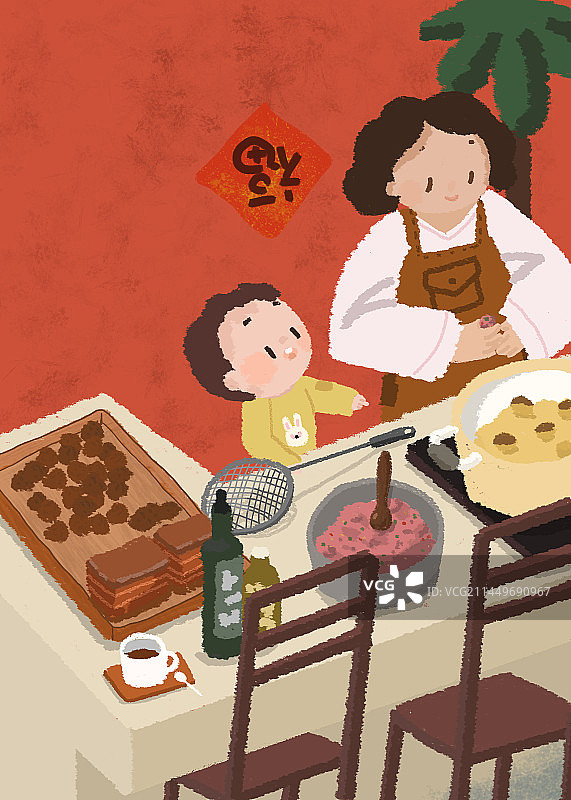 快到春节了，开始炸肉丸，小朋友在旁边想吃一口图片素材