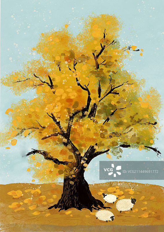 秋天风景树绵羊手绘风插画图片素材