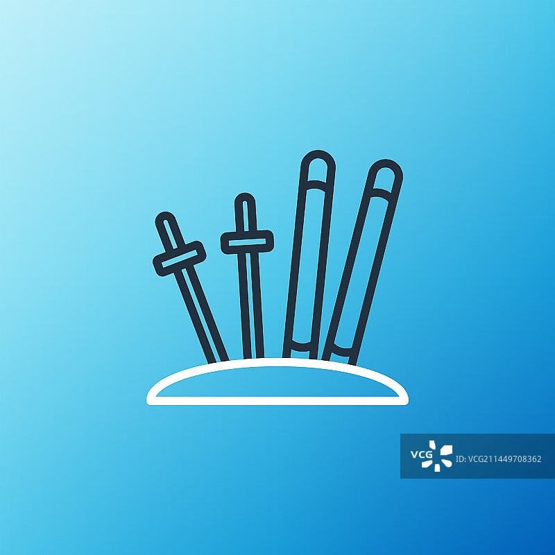 蓝色背景上的滑雪板和雪杖线条图标图片素材