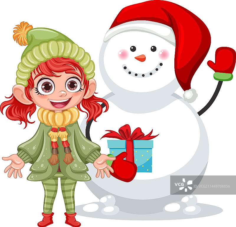 与雪人在一起的快乐女孩图片素材