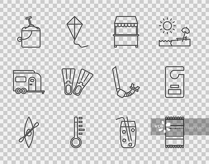 皮划艇/独木舟、船桨、沙滩巾等线性组合图片素材