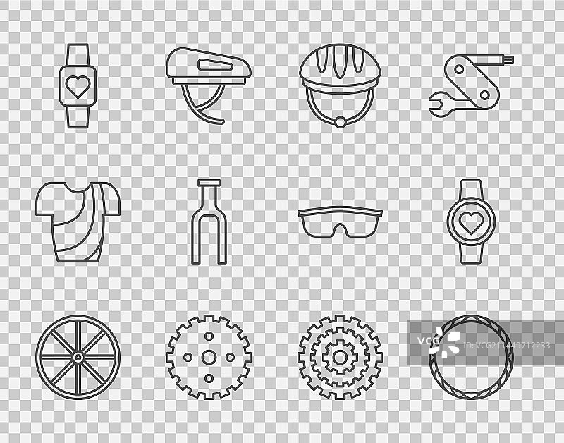 自行车车轮头盔链轮曲柄线性图标图片素材