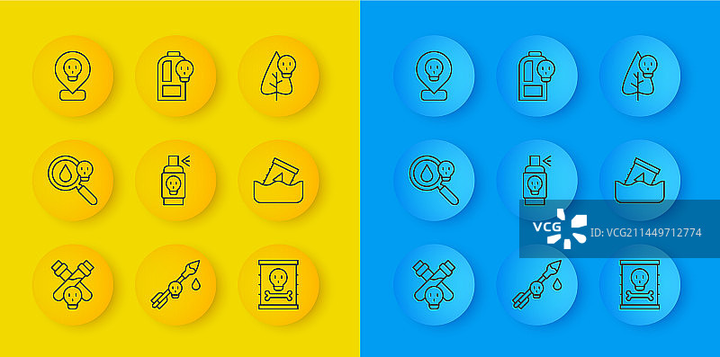 线条瓶装毒药药水与放大镜图片素材