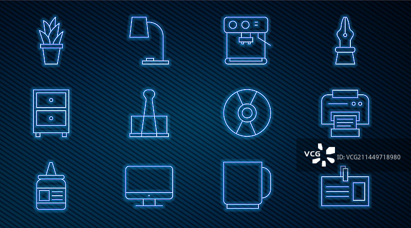 线条集合：身份识别证、打印机与咖啡图片素材