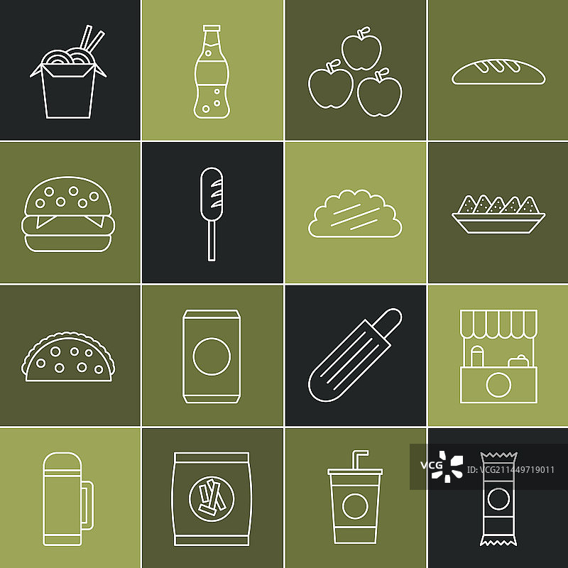 巧克力棒、带遮阳篷的街边摊线条组合图片素材