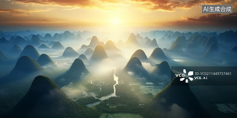 【AI数字艺术】卡斯特地貌山水风光日出晨雾图片素材