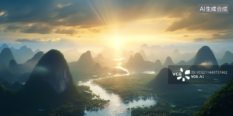 【AI数字艺术】卡斯特地貌山水风光日出晨雾图片素材