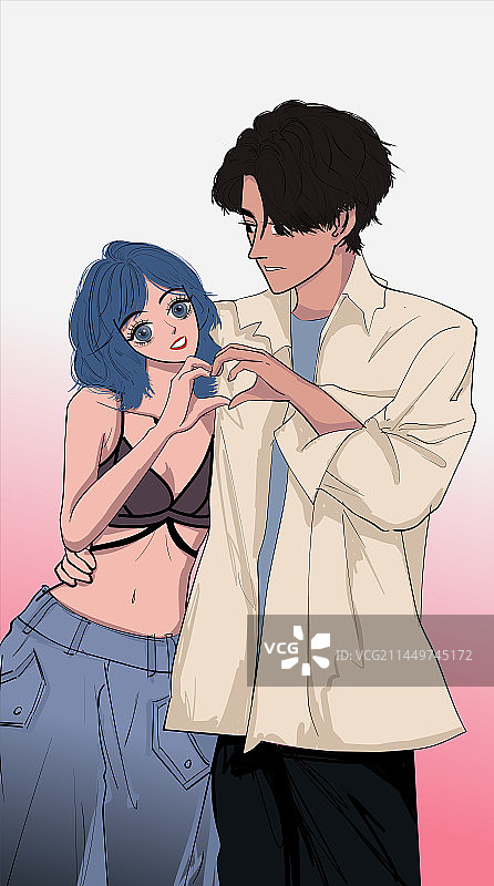 幸福甜蜜美好快乐的一对比心的情侣合照微笑露齿的七夕情人节矢量插画图片素材