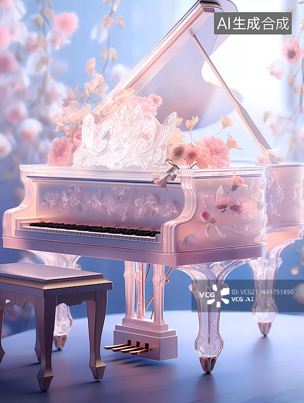 【AI数字艺术】粉色花束与红玫瑰在白色三角钢琴场景图片素材