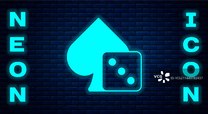 发光的霓虹灯游戏骰子图标，砖墙背景图片素材