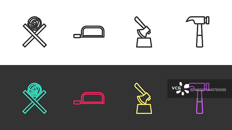 支架上的木制原木手锯斧头组合图片素材