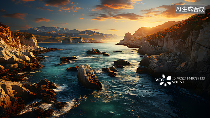 【AI数字艺术】海边的日出和峡谷图片素材