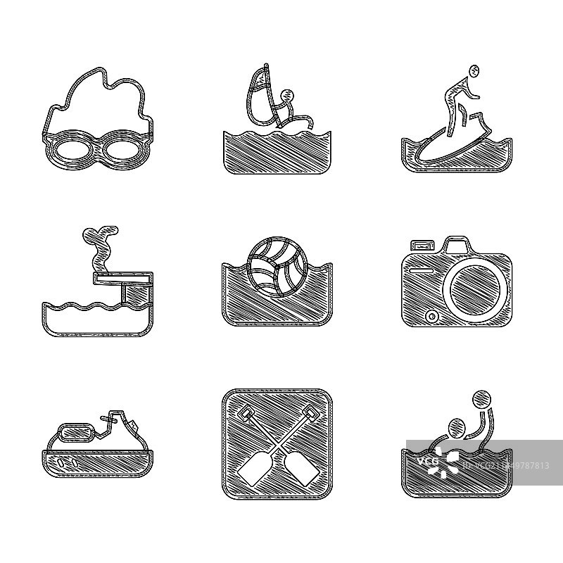 水球桨照相机和喷气滑雪套装图片素材