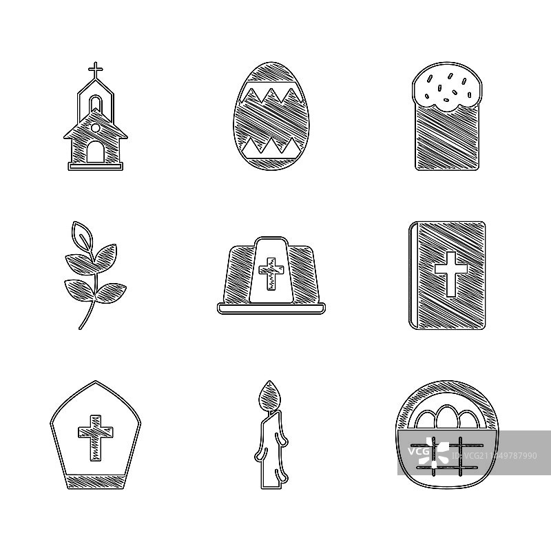 主教帽、燃烧的蜡烛和复活节篮子图片素材