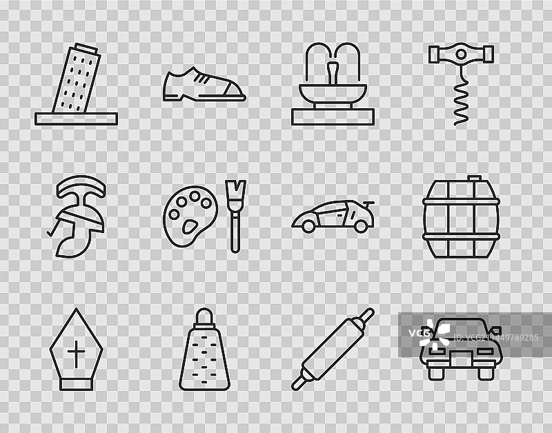 教皇帽汽车喷泉磨丝器塔楼套装线条图片素材