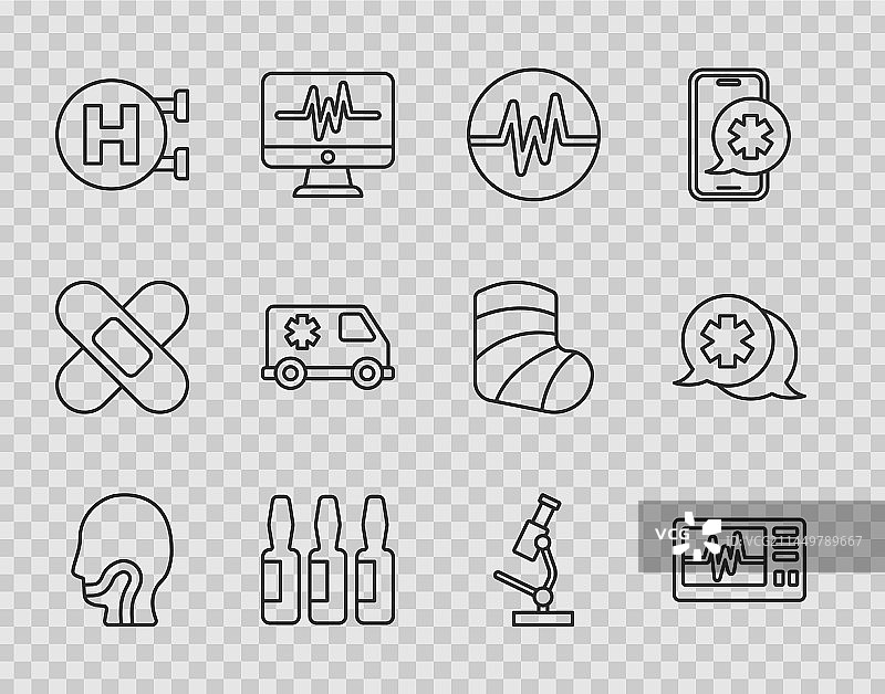 心电图显示器与咽喉疼痛线条组合图片素材