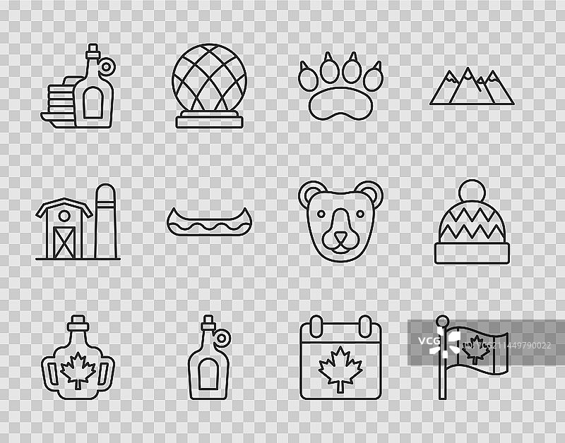 枫糖浆瓶、加拿大国旗和熊线条设计图片素材