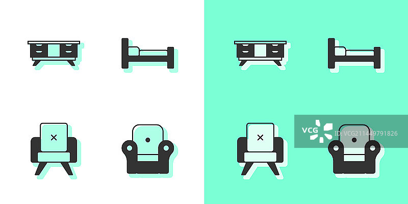 扶手椅、电视柜和床图标图片素材