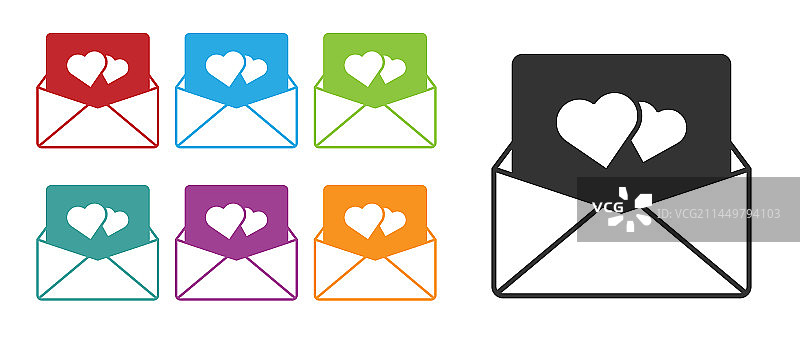 黑色信封与情人节心脏图标隔离图片素材