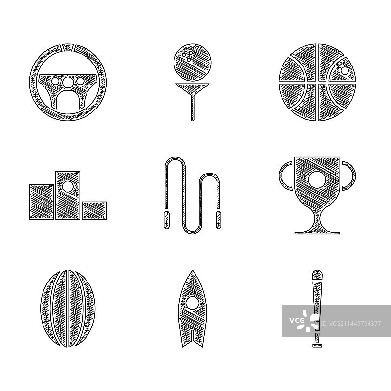 跳绳、冲浪板、棒球棒和奖杯等运动器材图片素材