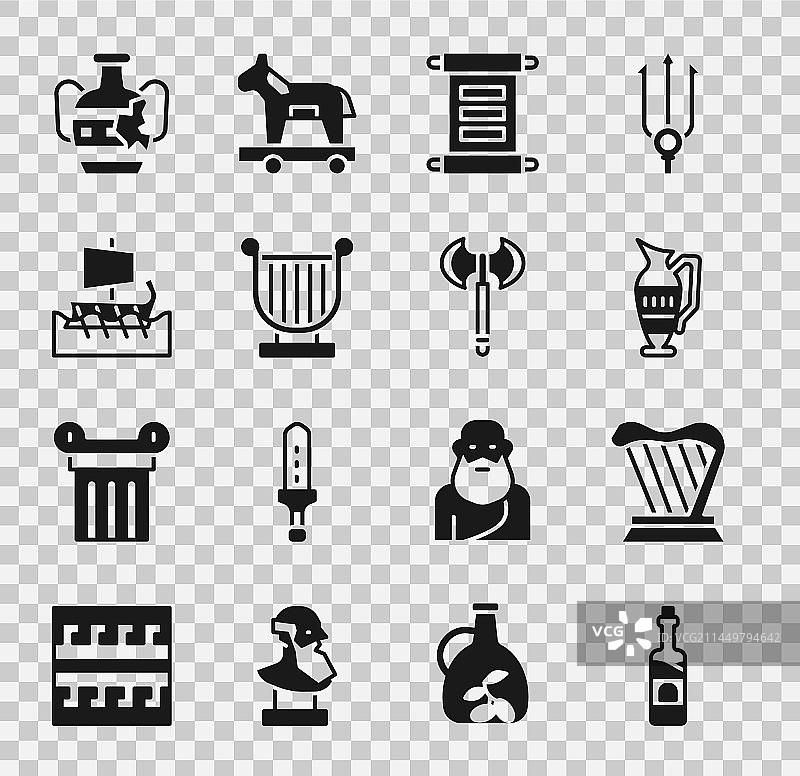 瓶装葡萄酒、竖琴、古代双耳瓶、法令图片素材